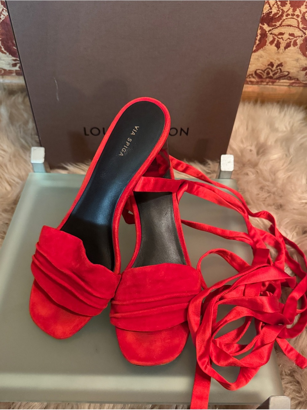 Via Spiga Red Suede with Satin Ankle-Tie Women’s Sandals